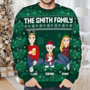 Family, Gift For Bestie - Christmas Pixel Snow Flat Art Family Friends Sitting - Personalized Unisex Ugly Sweater