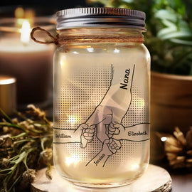 Christmas,Gift For Grandma,Gift For Grandpa,Gift For Grandparents,Continue Shopping,Happy - Hand In Hand Grandma Grandpa Grandkids - Personalized Mason Jar Light