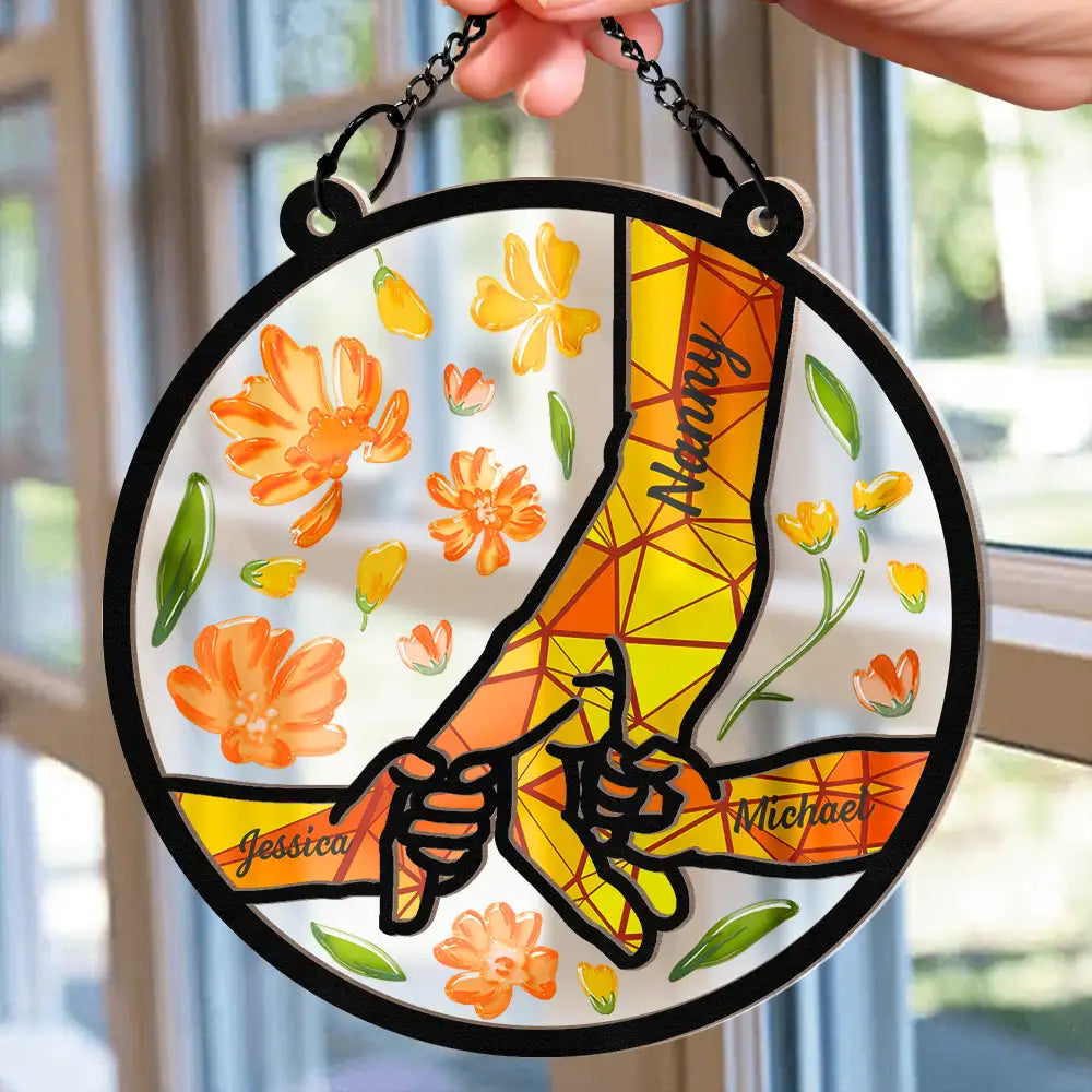 Gift For Grandparents - Hand In Hand Grandma Grandpa Grandkids - Personalized Window Hanging Suncatcher Ornament