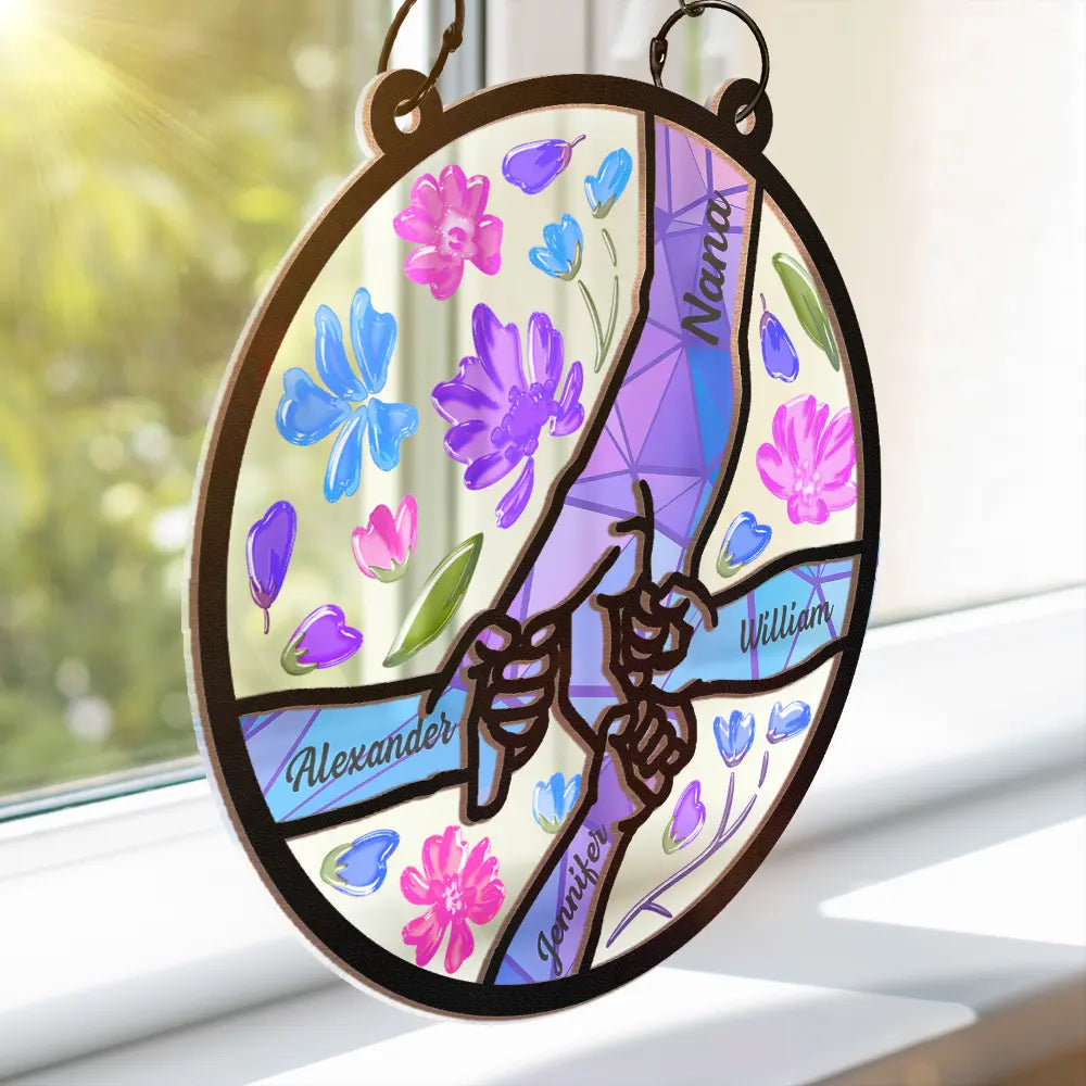 Gift For Grandparents - Hand In Hand Grandma Grandpa Grandkids - Personalized Window Hanging Suncatcher Ornament