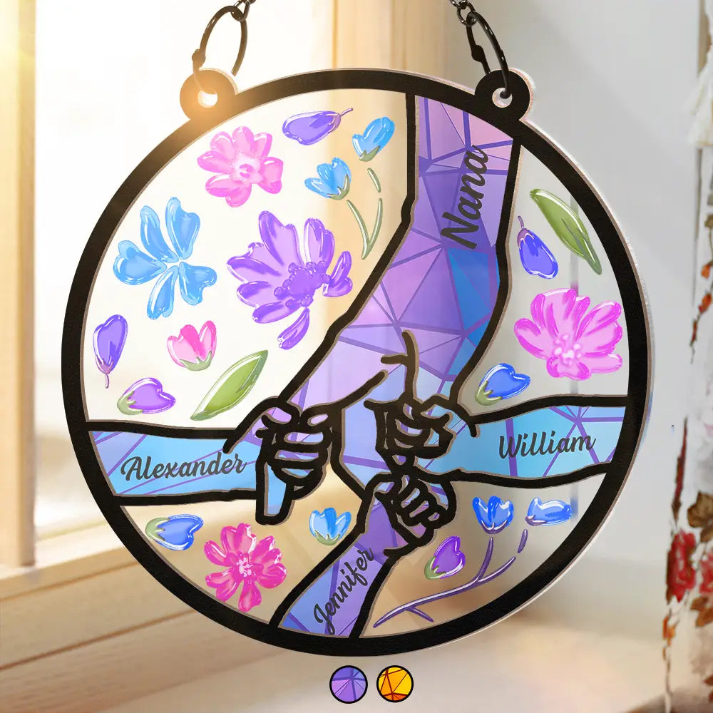 Gift For Grandparents - Hand In Hand Grandma Grandpa Grandkids - Personalized Window Hanging Suncatcher Ornament