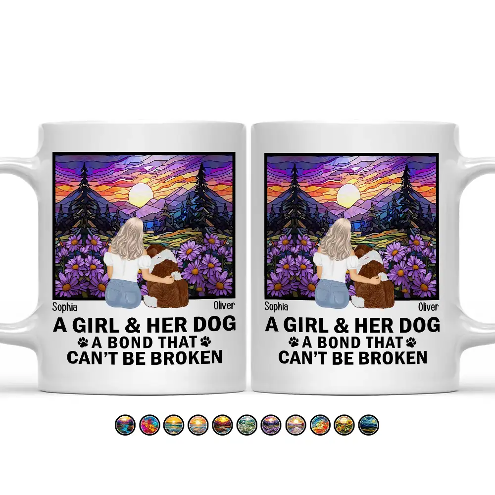 Dog Lovers, Cat Lovers, Pet Lovers, Dog Mom - Flower Field A Girl And Her Dog And Cat - Personalized Mug