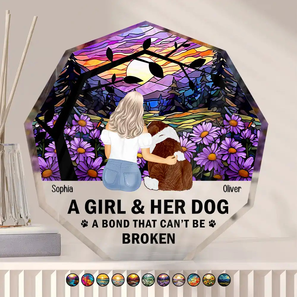 Pet Lovers - Flower Field A Girl And Her Dog And Cat - Personalized Nonagon Shaped Acrylic Plaque