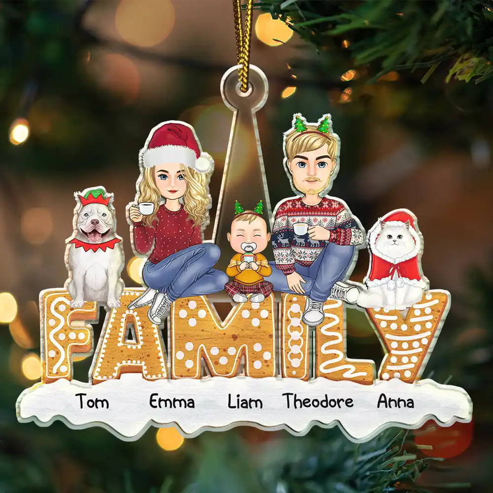 Family - Cartoon Family And Pet Gingerbread Cookies - Personalized Cutout Acrylic Ornament