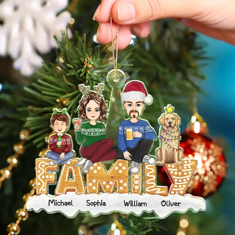 Family - Cartoon Family And Pet Gingerbread Cookies - Personalized Cutout Acrylic Ornament