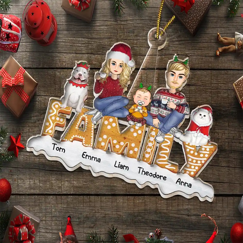 Family - Cartoon Family And Pet Gingerbread Cookies - Personalized Cutout Acrylic Ornament