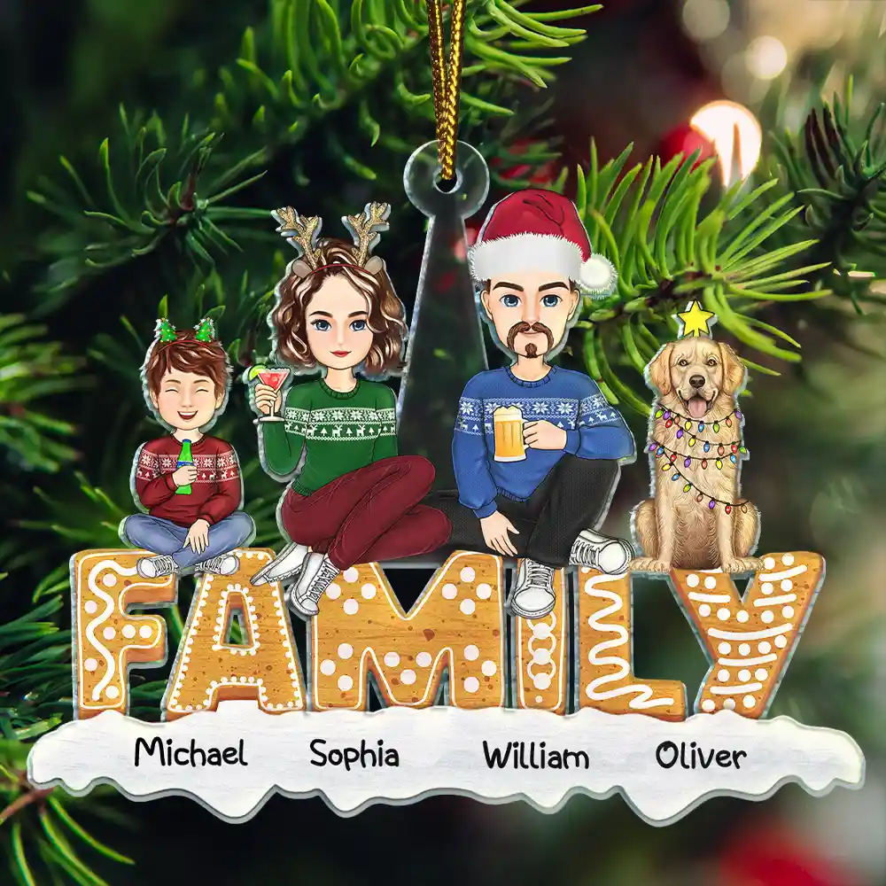 Family - Cartoon Family And Pet Gingerbread Cookies - Personalized Cutout Acrylic Ornament