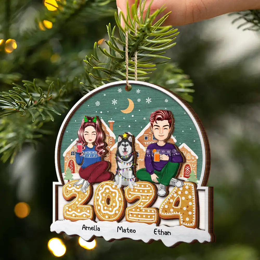 Family - 2024 Cartoon Family And Pet Gingerbread Cookies - Personalized 2-Layered Wooden Ornament