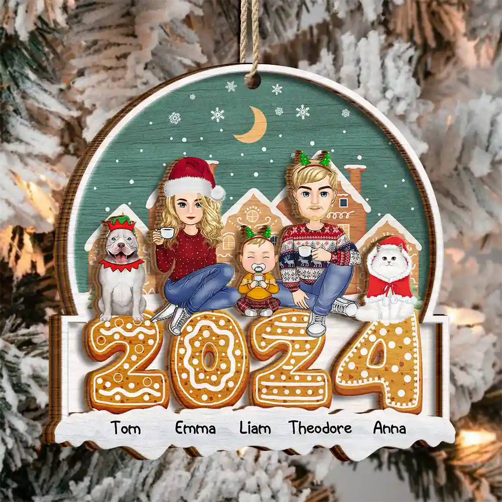 Family - 2024 Cartoon Family And Pet Gingerbread Cookies - Personalized 2-Layered Wooden Ornament