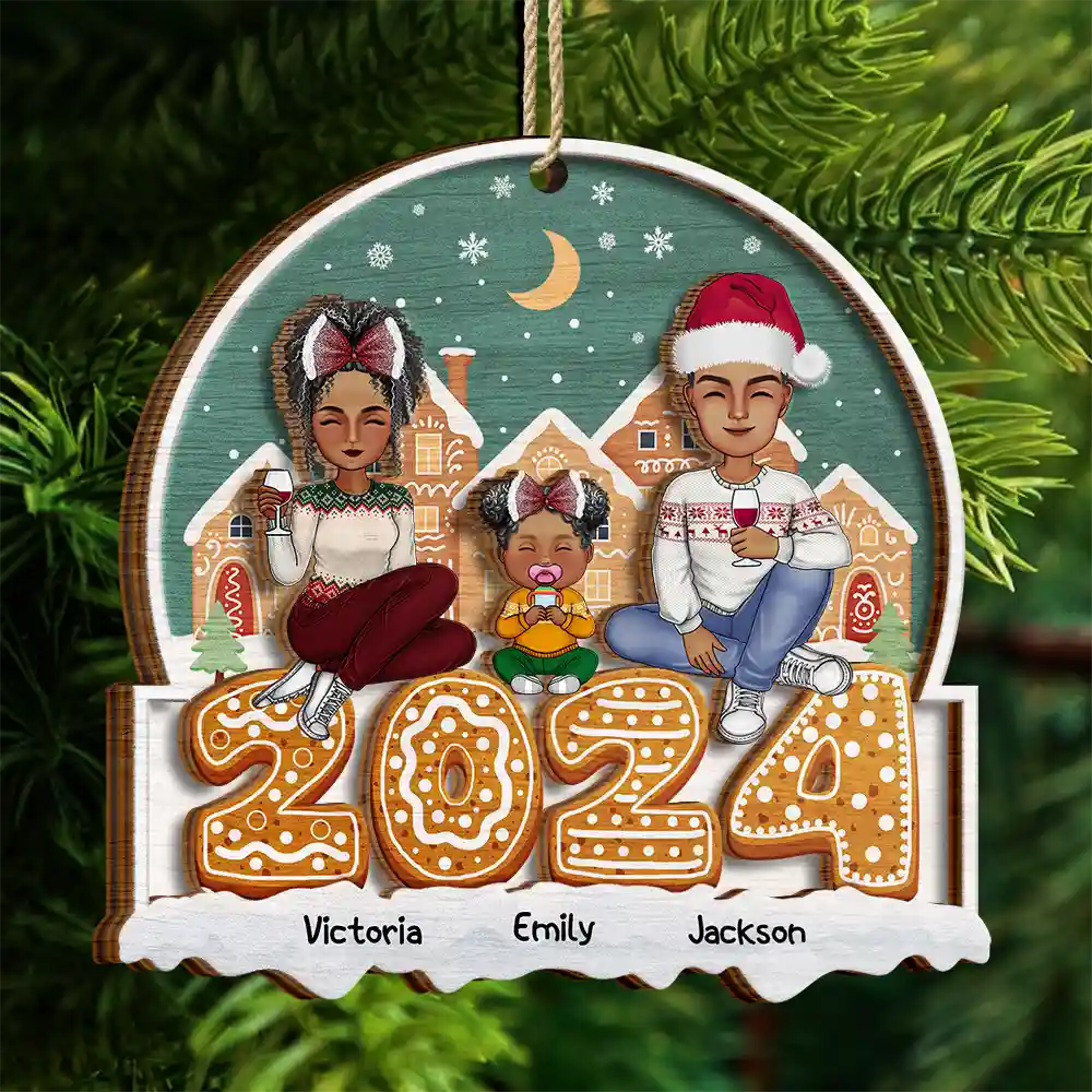 Family - 2024 Cartoon Family And Pet Gingerbread Cookies - Personalized 2-Layered Wooden Ornament