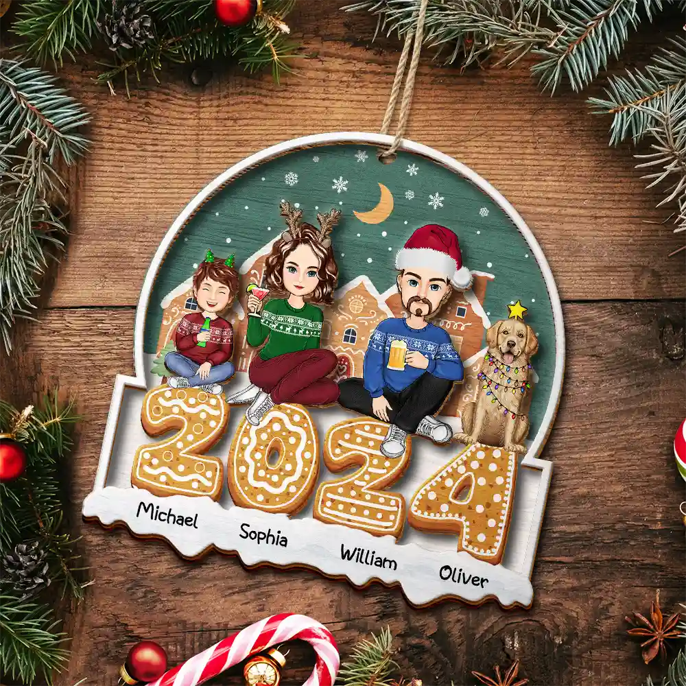 Family - 2024 Cartoon Family And Pet Gingerbread Cookies - Personalized 2-Layered Wooden Ornament