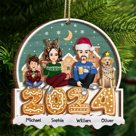 Family - 2024 Cartoon Family And Pet Gingerbread Cookies - Personalized 2-Layered Wooden Ornament