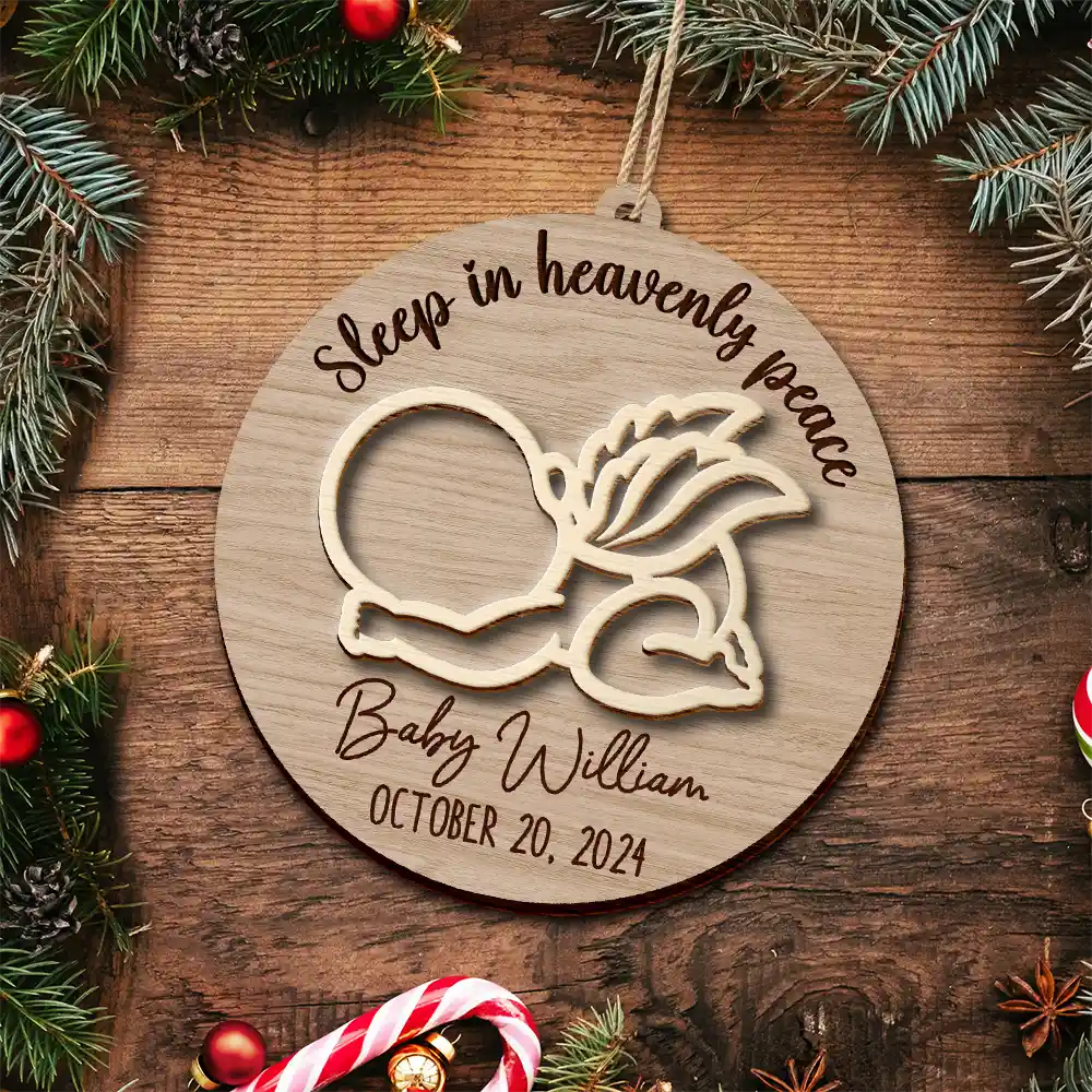 Christmas,Sad,Family,Parents,Memorial,New baby - Sleep In Heavenly Peace Memorial Infant Loss Baby Memorial - Personalized 2-Layered Wooden Ornament