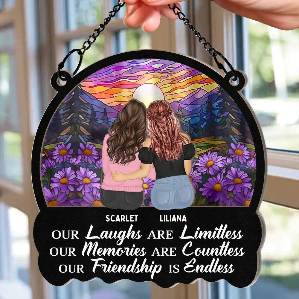 Gift For Bestie, Gifts For Colleagues, Gift For Sisters - Besties Our Laughs Are Limitless Best Friends - Personalized Window Hanging Suncatcher Ornament
