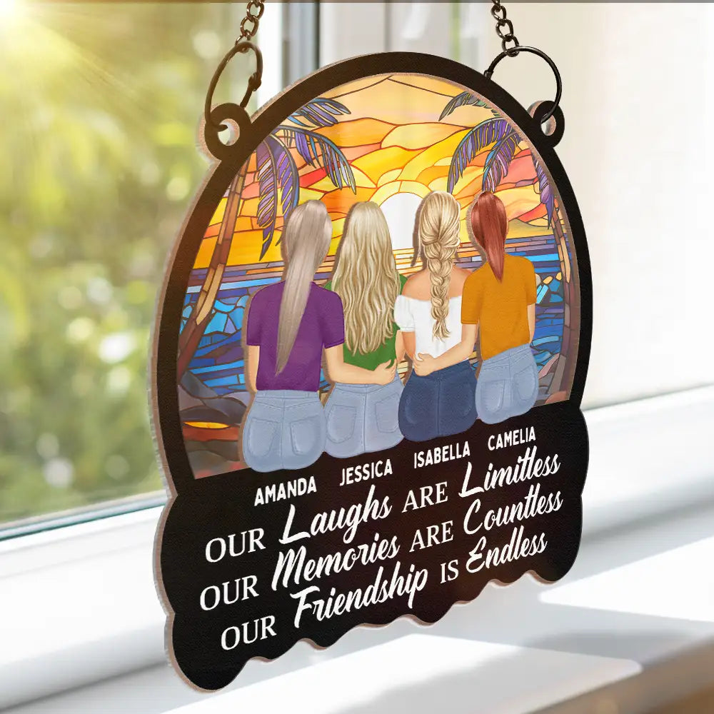 Gift For Bestie, Gifts For Colleagues, Gift For Sisters - Besties Our Laughs Are Limitless Best Friends - Personalized Window Hanging Suncatcher Ornament
