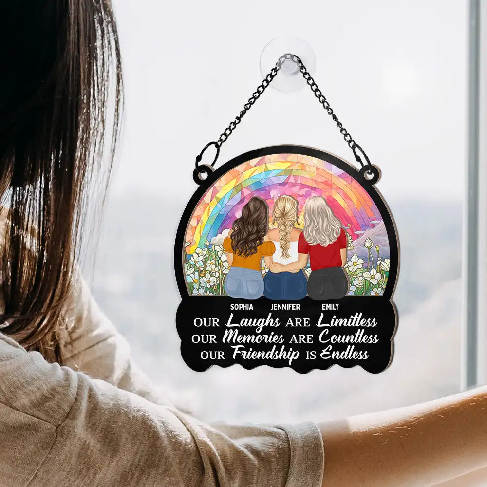 Gift For Bestie, Gifts For Colleagues, Gift For Sisters - Besties Our Laughs Are Limitless Best Friends - Personalized Window Hanging Suncatcher Ornament
