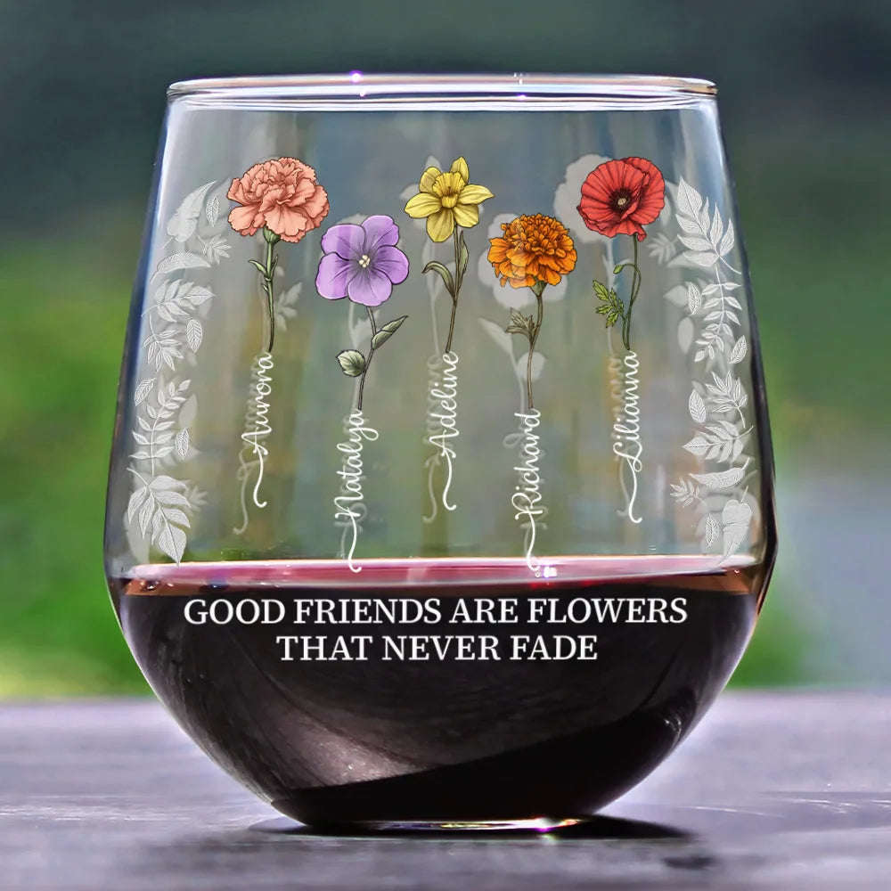 Gift For Bestie - Custom Photo Birth Flower Grow An Old Friend Bestie - Personalized Stemless Wine Glass