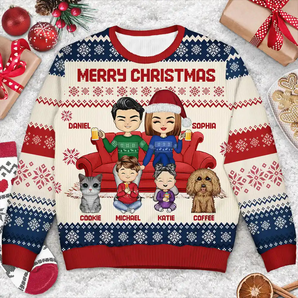 Family, Gift For Bestie - Chibi Couple With Kids And Pets - Personalized Unisex Ugly Sweater