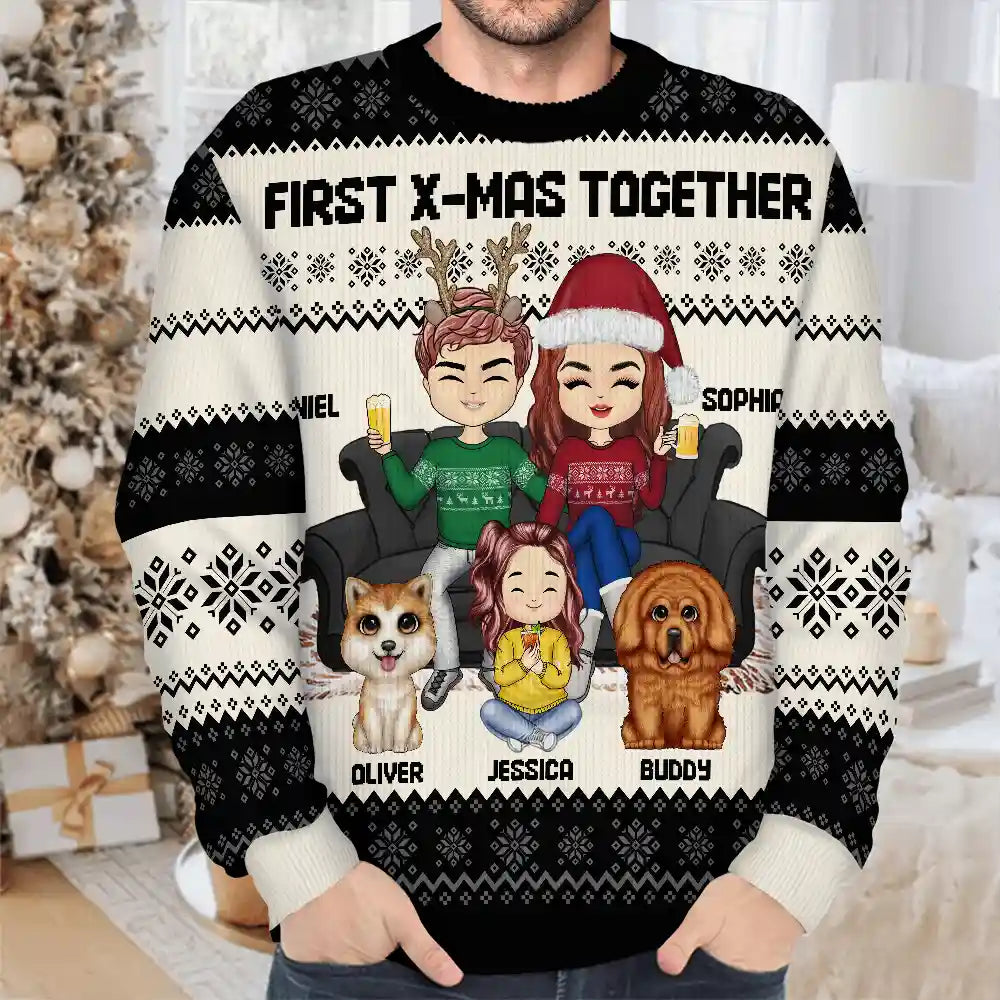 Family, Gift For Bestie - Chibi Couple With Kids And Pets - Personalized Unisex Ugly Sweater