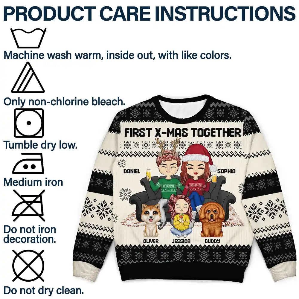 Family, Gift For Bestie - Chibi Couple With Kids And Pets - Personalized Unisex Ugly Sweater