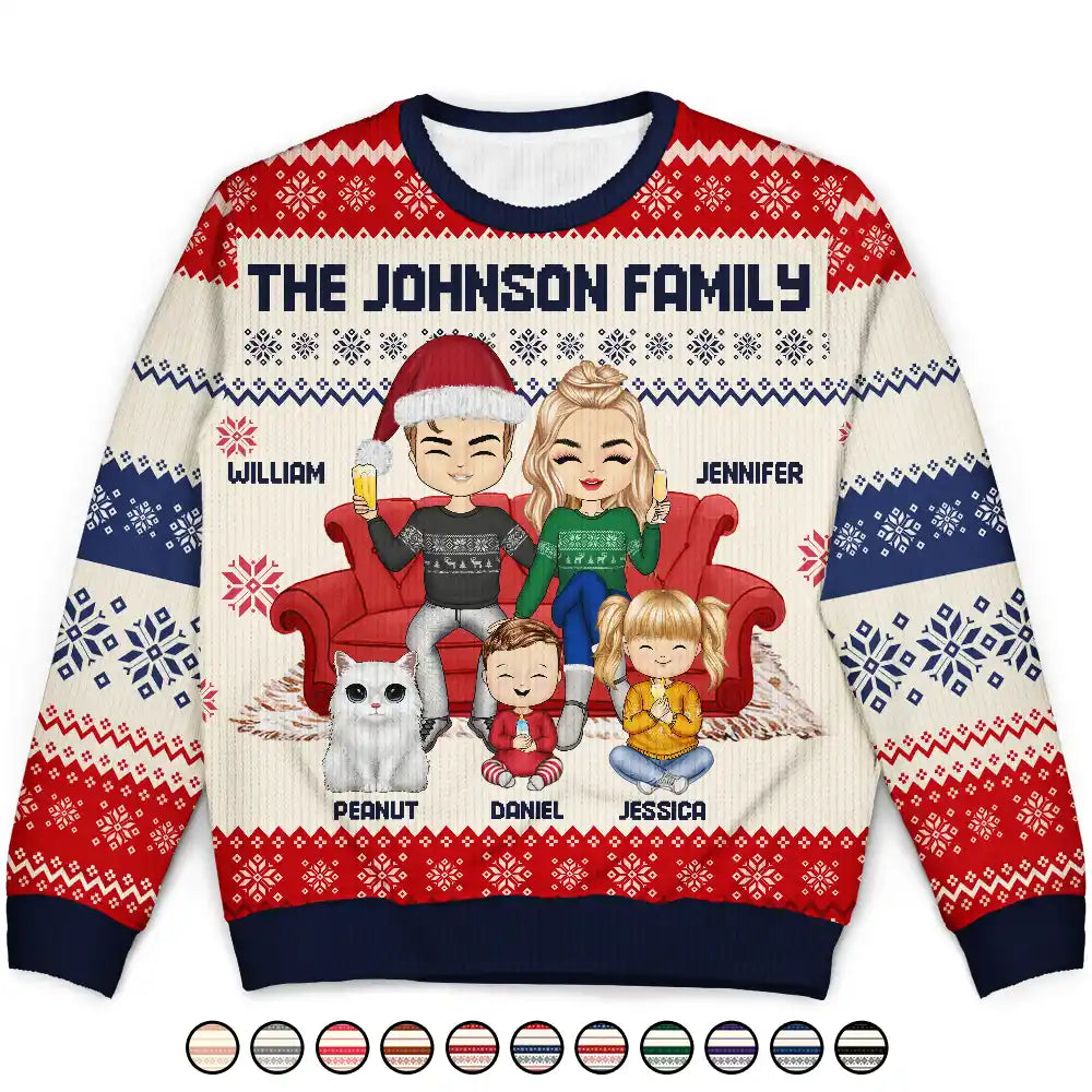 Family, Gift For Bestie - Chibi Couple With Kids And Pets - Personalized Unisex Ugly Sweater