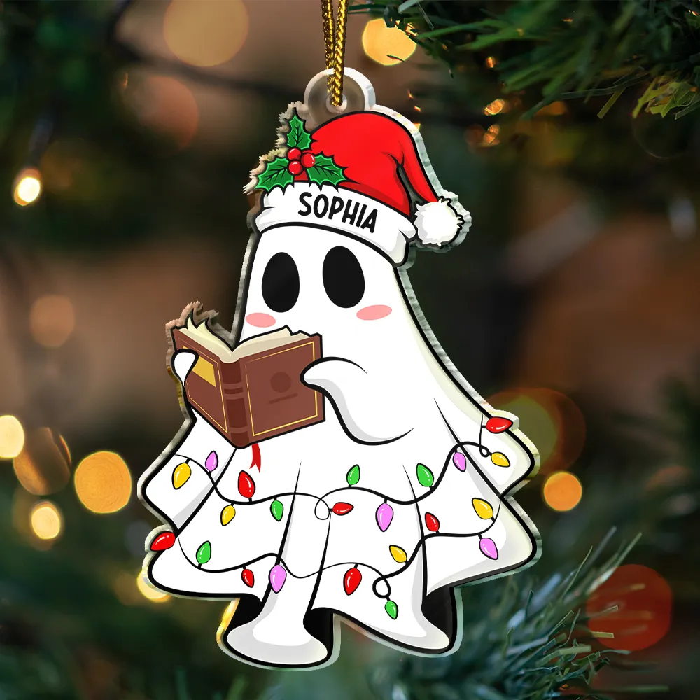 Reading - Colorful Light Christmas Ghost Love Reading Book - Personalized Custom Shaped Acrylic Ornament