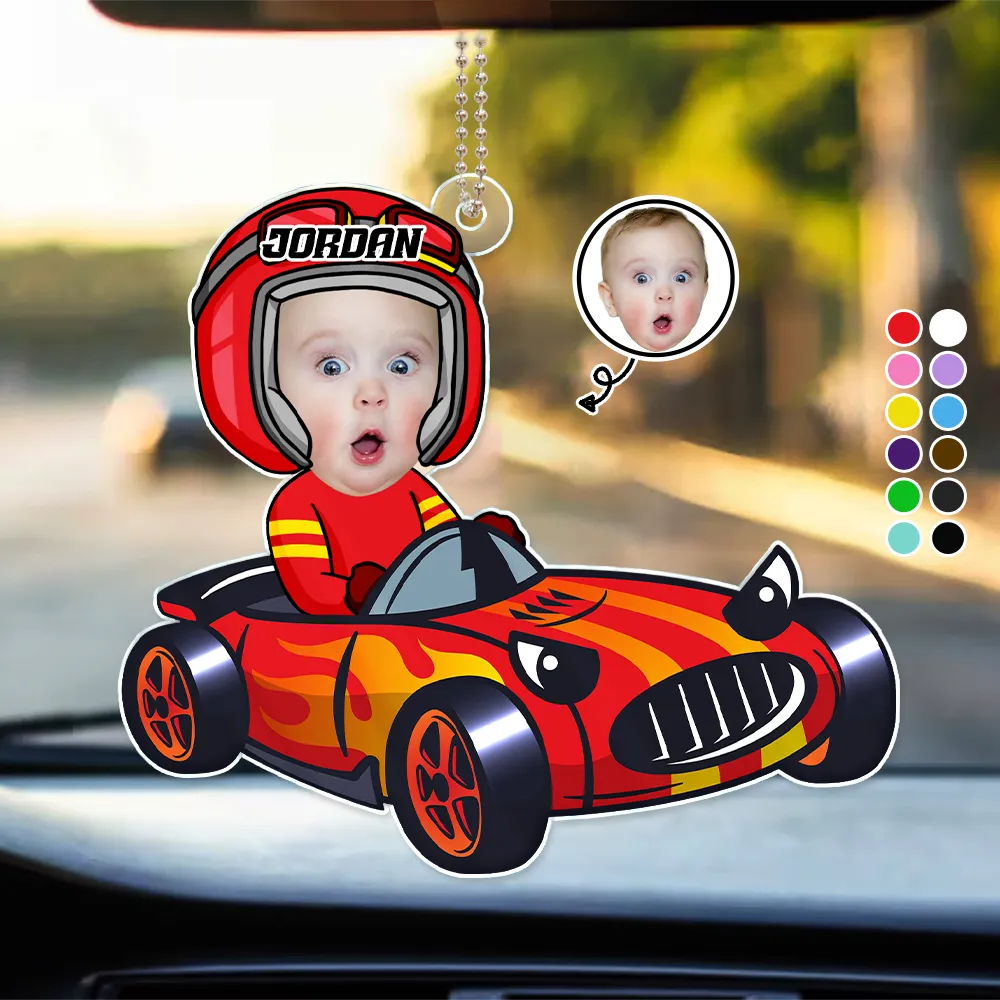 Happy,Gift For Father,Gift For Mother,Custom Photo - Custom Photo Racing Kid Toy Car Cute Racer - Personalized Acrylic Car Hanger