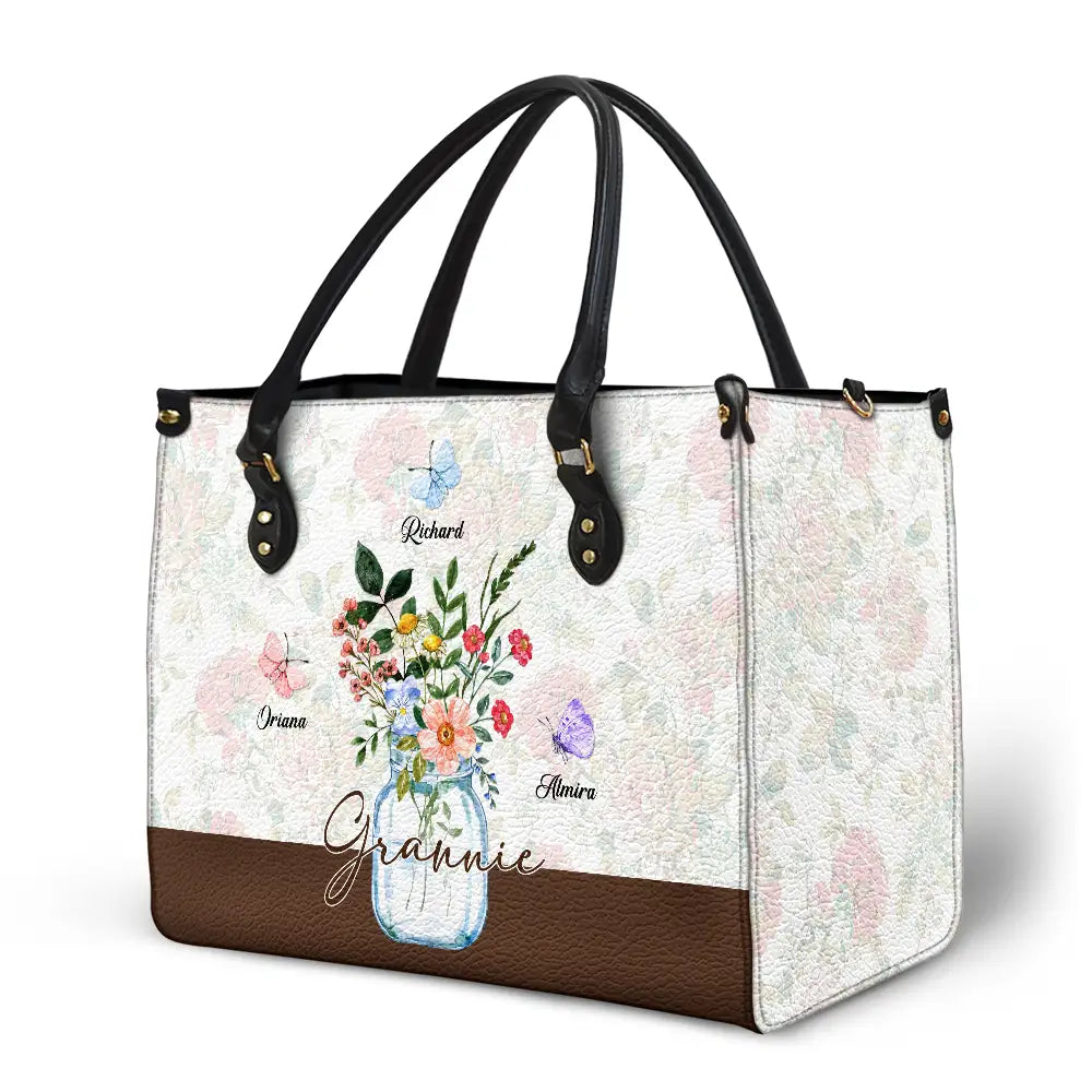 Gift For Grandma,Love - Grandma Jar Of Flowers And Butterfly Grandkids - Personalized Leather Bag