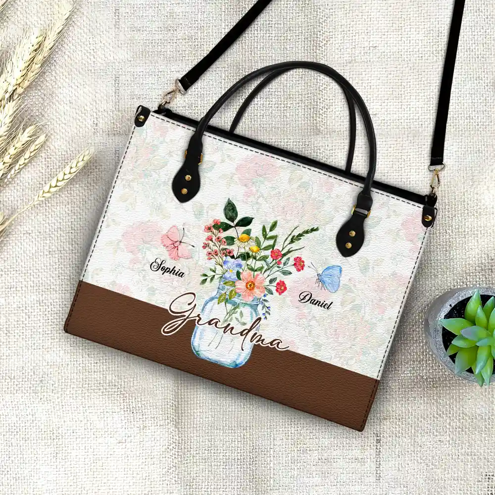 Gift For Grandma,Love - Grandma Jar Of Flowers And Butterfly Grandkids - Personalized Leather Bag