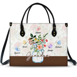 Gift For Grandma,Love - Grandma Jar Of Flowers And Butterfly Grandkids - Personalized Leather Bag