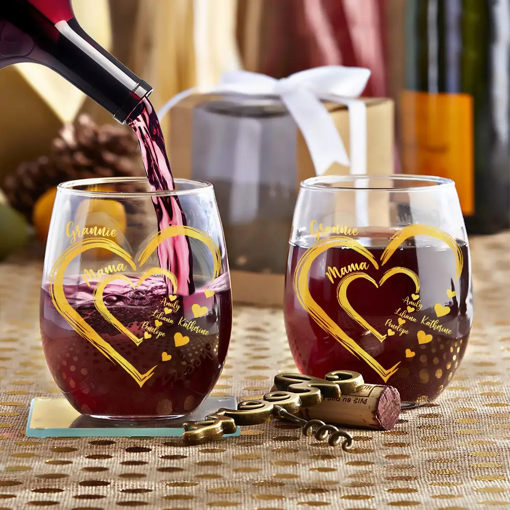 Gift For Mother, Gift For Grandma - We Love Mom Grandma Sweethearts Kid Grandkid - Personalized Stemless Wine Glass
