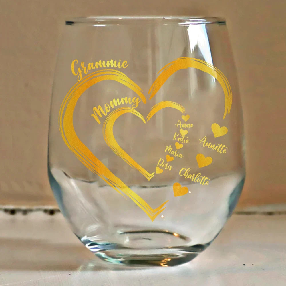 Gift For Mother, Gift For Grandma - We Love Mom Grandma Sweethearts Kid Grandkid - Personalized Stemless Wine Glass
