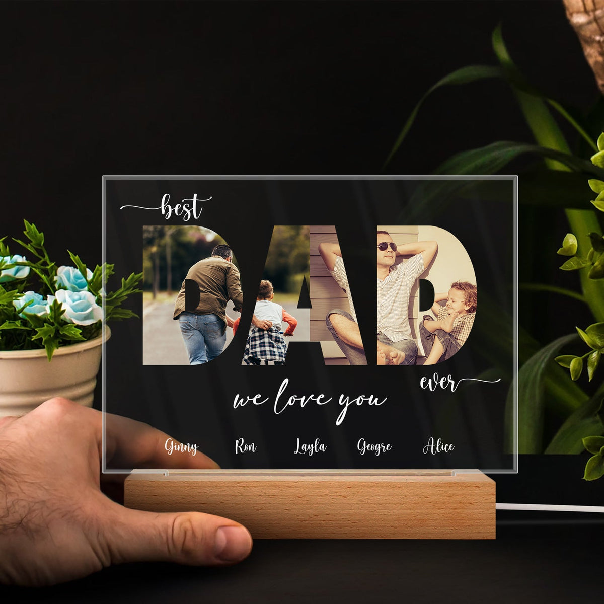 Custom Photo Best Dad Ever - Gift For Dad, Father, Grandpa - Personalized Custom 3D Led Light Wooden Base