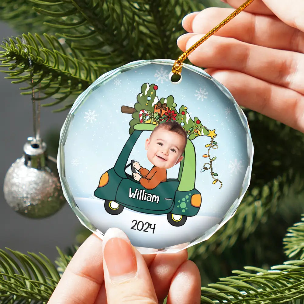 Custom Photo Christmas Baby In Car - Personalized Combo Circle Glass Ornament