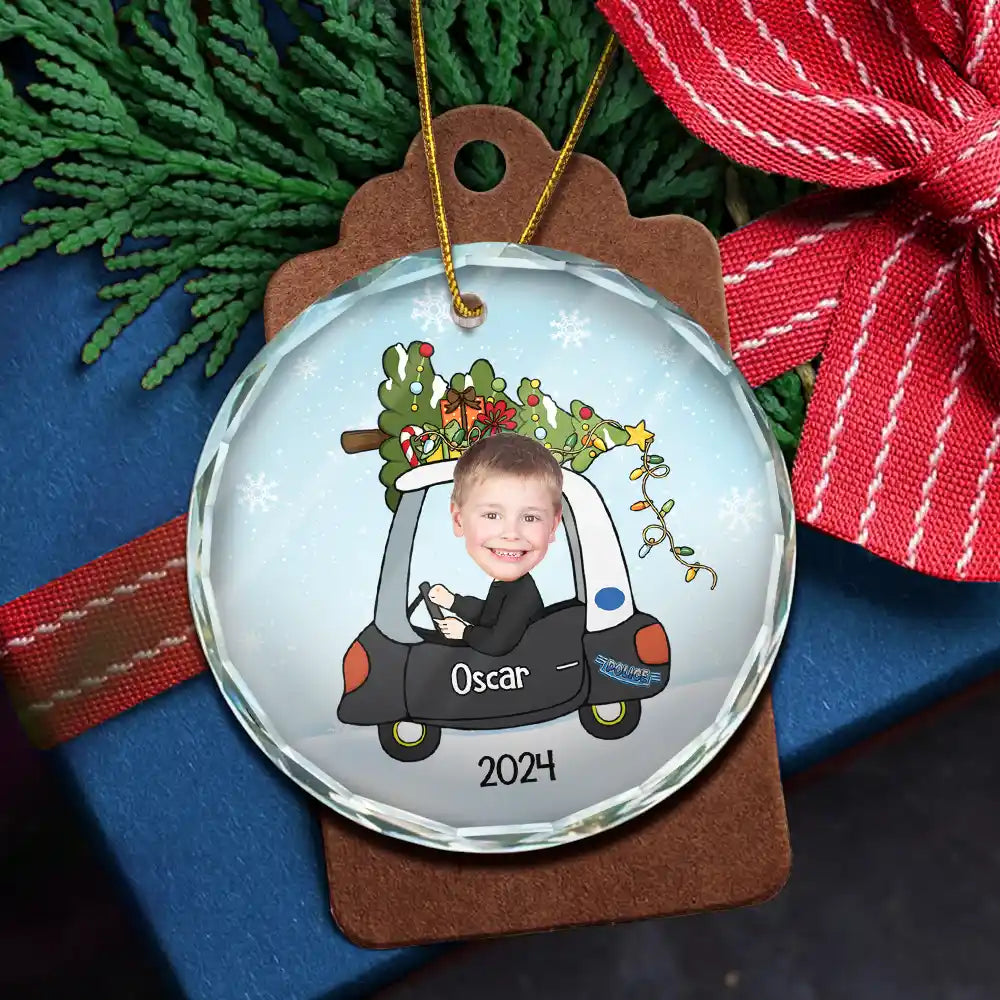 Custom Photo Christmas Baby In Car - Personalized Combo Circle Glass Ornament