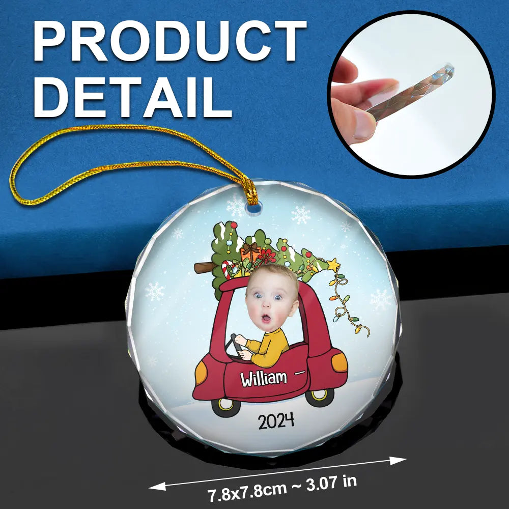 Custom Photo Christmas Baby In Car - Personalized Combo Circle Glass Ornament