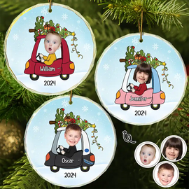 Custom Photo Christmas Baby In Car - Personalized Combo Circle Glass Ornament