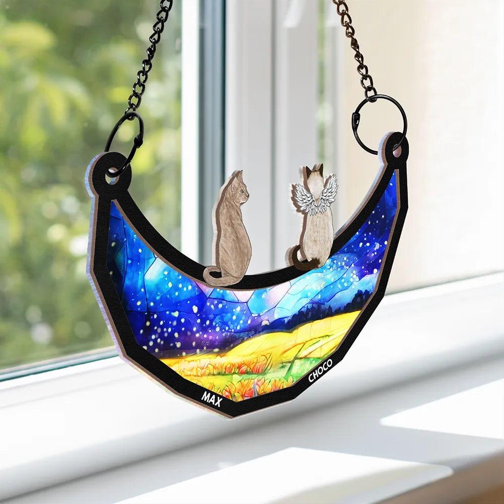 Memorial, Pet Lovers, Dog Lovers, Cat Lovers - Memorial Dogs Cats Sitting On The Moon - Personalized Window Hanging Suncatcher Ornament