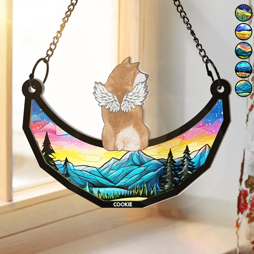 Memorial, Pet Lovers, Dog Lovers, Cat Lovers - Memorial Dogs Cats Sitting On The Moon - Personalized Window Hanging Suncatcher Ornament