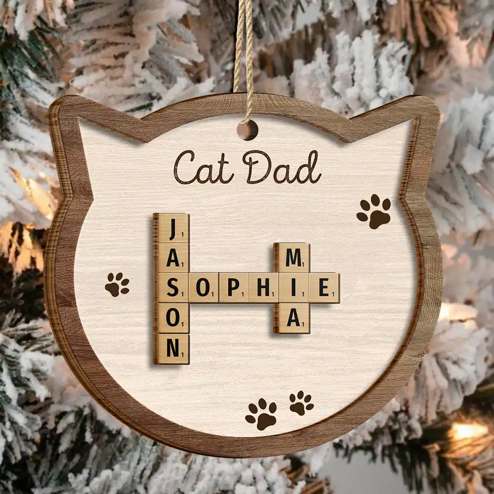 Christmas,Pet Lovers,Cat Lovers,Cat Mom,Cat Dad,Happy - Cat Mom Mum Dad Crossword Scrabble - Personalized 2-Layered Wooden Ornament