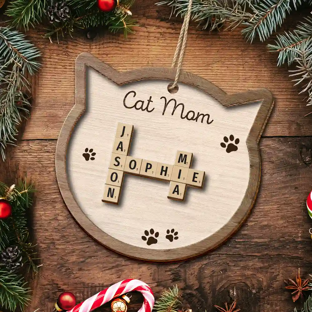 Christmas,Pet Lovers,Cat Lovers,Cat Mom,Cat Dad,Happy - Cat Mom Mum Dad Crossword Scrabble - Personalized 2-Layered Wooden Ornament