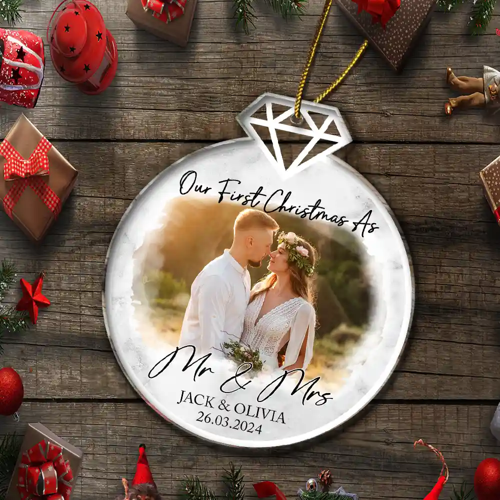 Gift For Couples,Christmas,Gift For Husband,Gift For Wife,Gift For Boyfriend,Gift For Girlfriend,Happy - Custom Photo First Christmas As Mr & Mrs Couples - Personalized Custom Shaped Acrylic Ornament