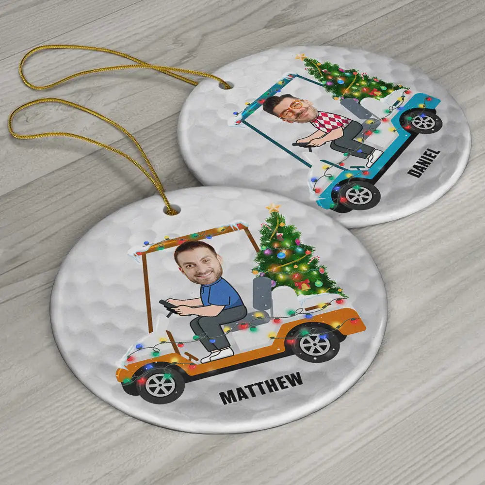 Gift For Men, Gift For Yourself - Custom Photo Funny Face Golf Cart - Personalized Circle Ceramic Ornament