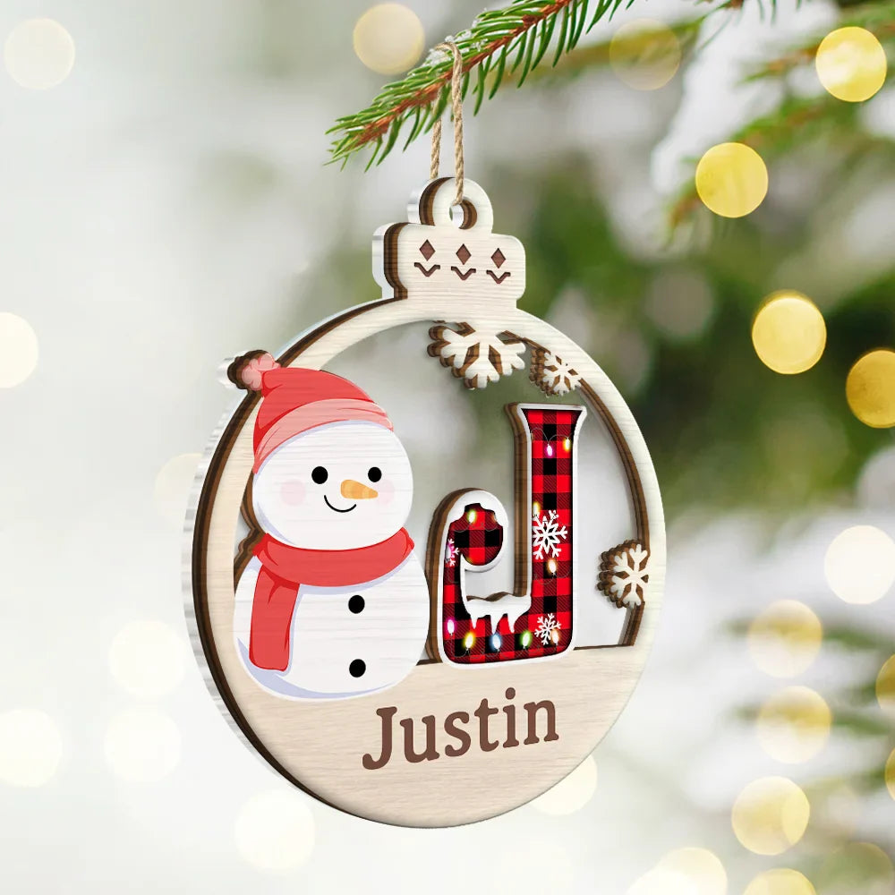 Christmas,Family,Happy - Christmas Snowman Plaid Monogram - Personalized 2-Layered Mix Ornament