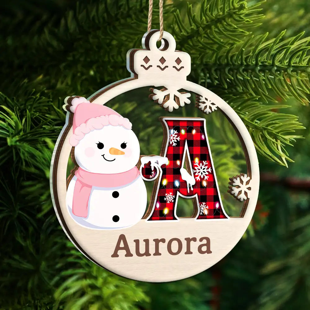 Christmas,Family,Happy - Christmas Snowman Plaid Monogram - Personalized 2-Layered Mix Ornament