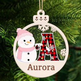 Christmas,Family,Happy - Christmas Snowman Plaid Monogram - Personalized 2-Layered Mix Ornament