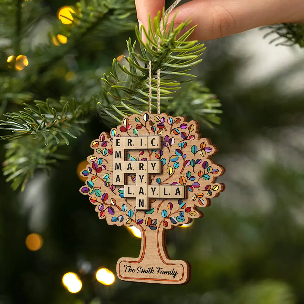 Christmas, Family, Happy - Family Tree Of Life Crossword Scrabble - Personalized 2-Layered Wooden Ornament
