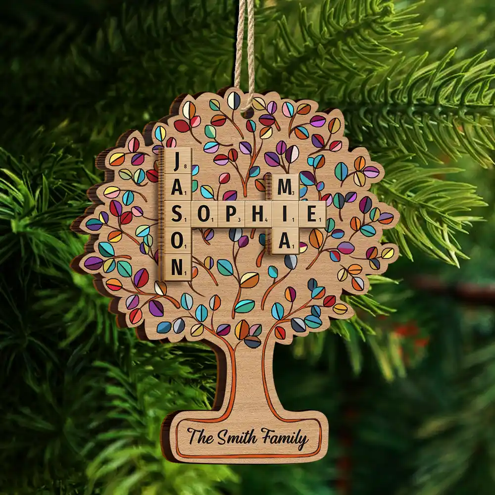 Christmas, Family, Happy - Family Tree Of Life Crossword Scrabble - Personalized 2-Layered Wooden Ornament
