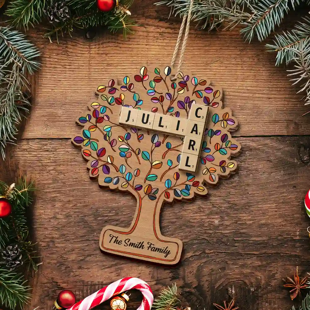 Christmas, Family, Happy - Family Tree Of Life Crossword Scrabble - Personalized 2-Layered Wooden Ornament
