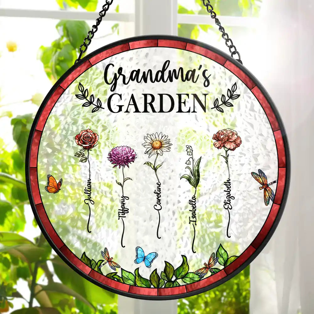 Gift For Wife,Gift For Grandma,Gift For Mother,Family,Love,Gardening - Birth Flower Grandma's Garden - Personalized Stained Glass Window Hanging Suncatcher